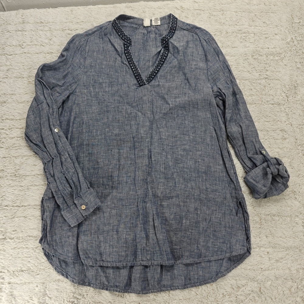 Artisan NY 100% Linen Tunic Womens Large Chambray Lagenlook Coastal Peasant Boho
